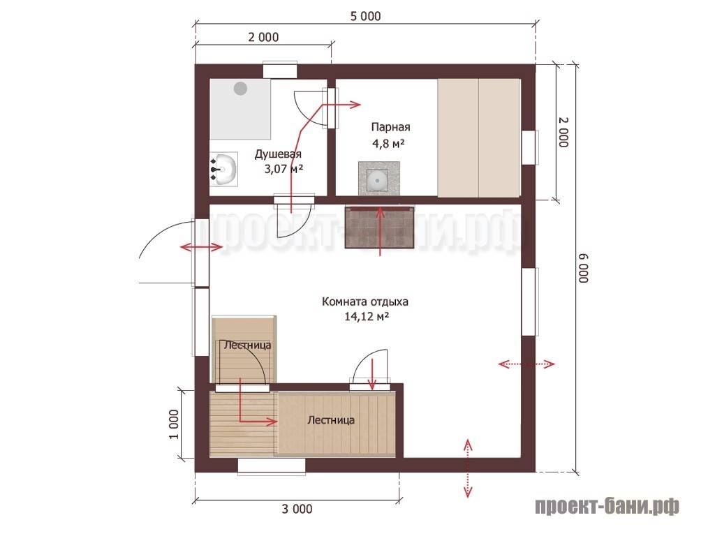 План бани 5 на 5 с мансардой