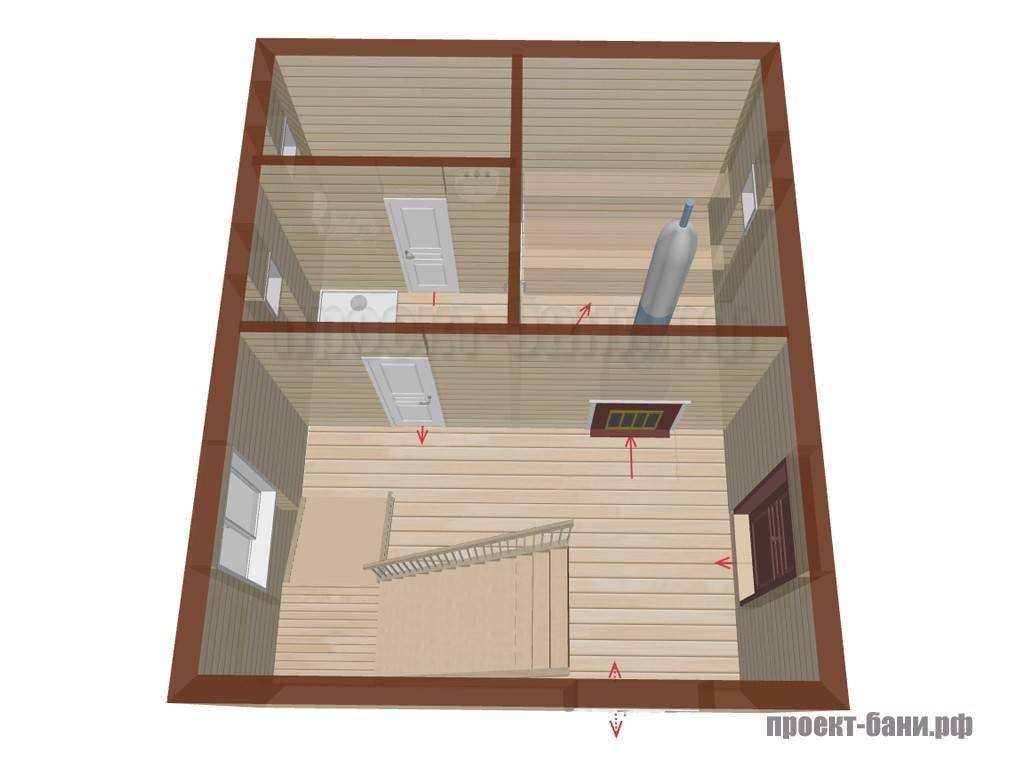 План бани 5 на 5 с мансардой