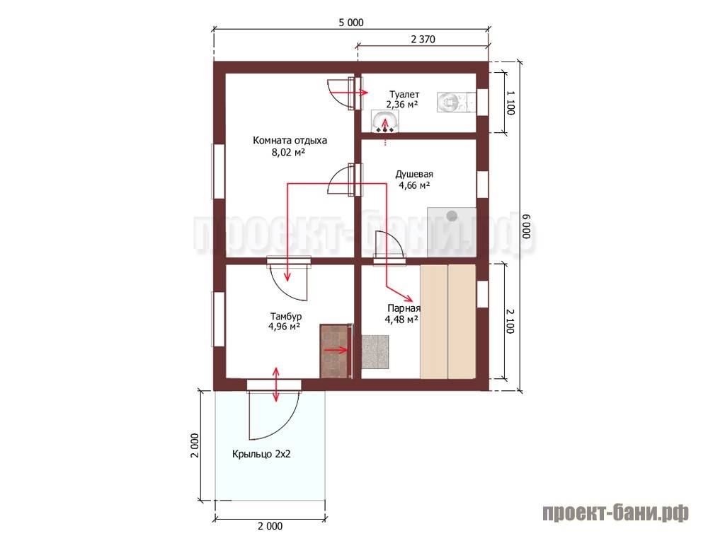 Проект бани 5 на 5 с туалетом