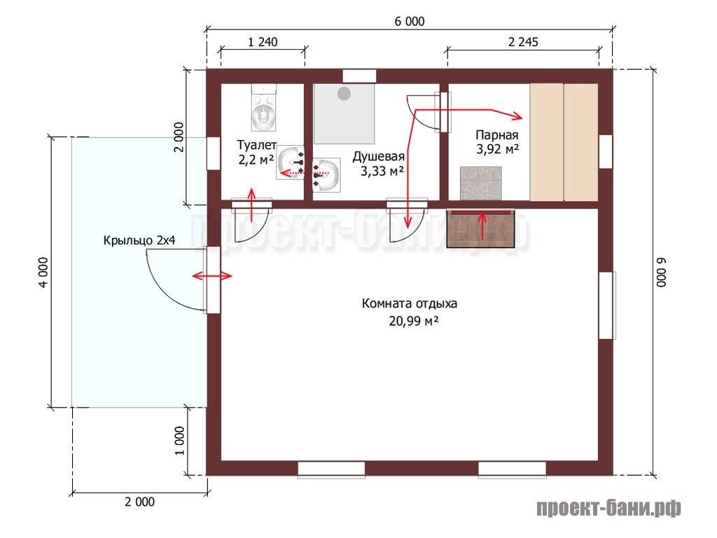 Баня 6 на 6 с террасой проект