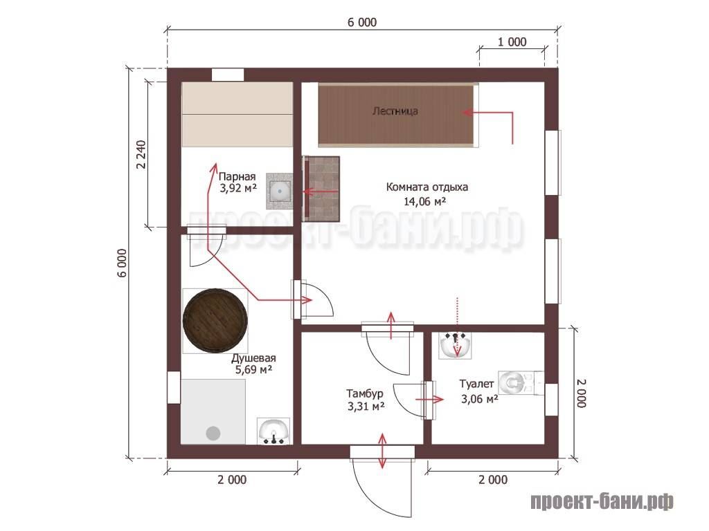 Проект бани 6 на 6 с санузлом