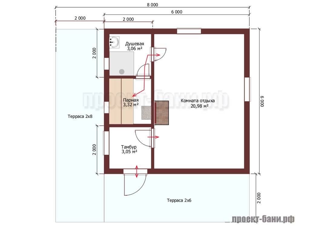 Проект бани 6 на 9 с террасой