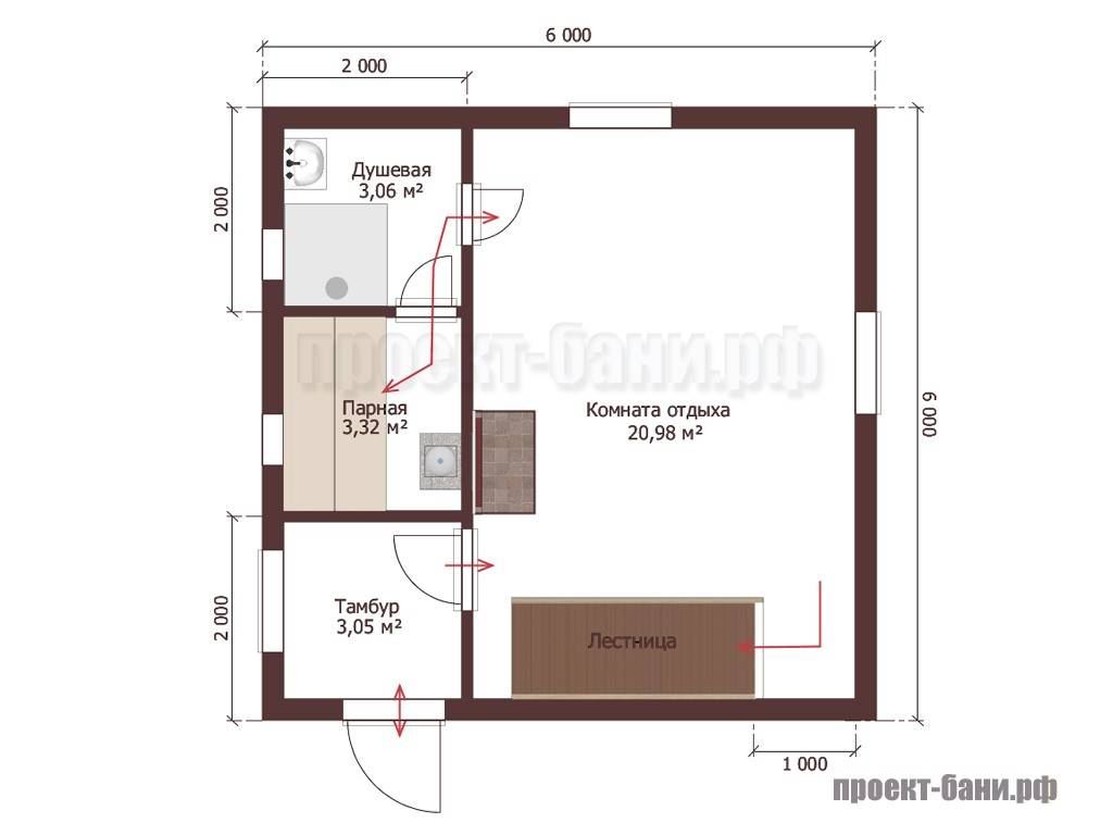 План бани 6х6 с мансардой