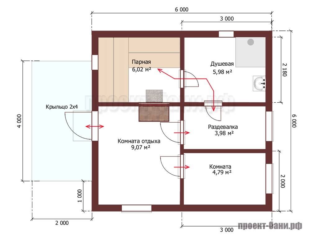 Проект бани 6 на 6 с санузлом