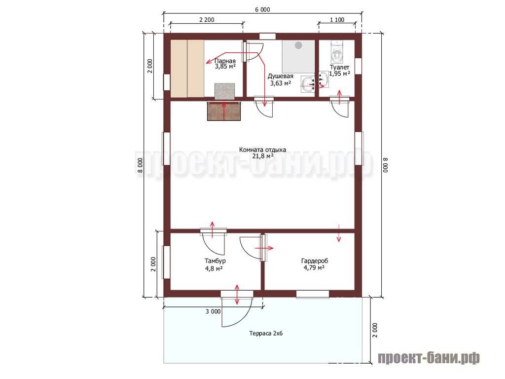 Проект бани 6 на 8 одноэтажный