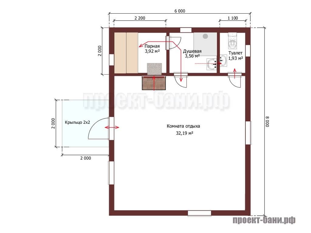 Проект бани 6 на 8 одноэтажный
