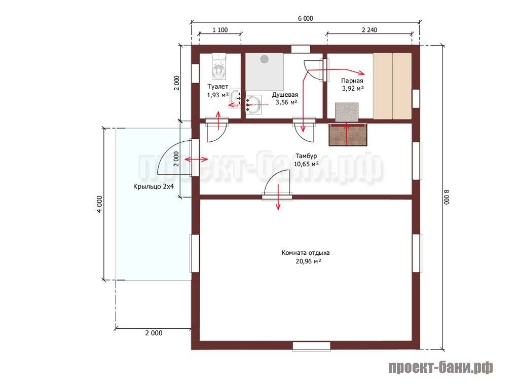 Проект бани 6 на 8 одноэтажный