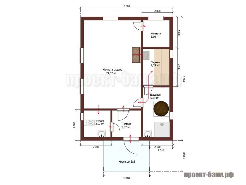 Проект бани 6 на 8 одноэтажный