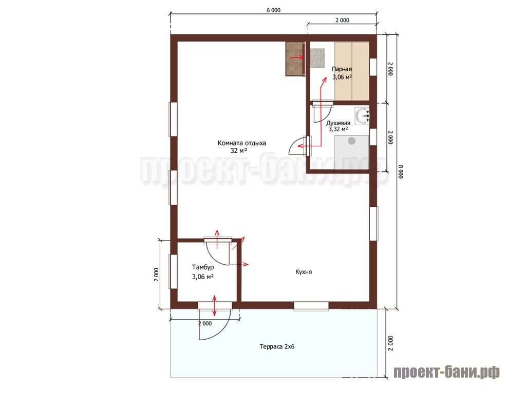 Проект бани 6 на 8 одноэтажный