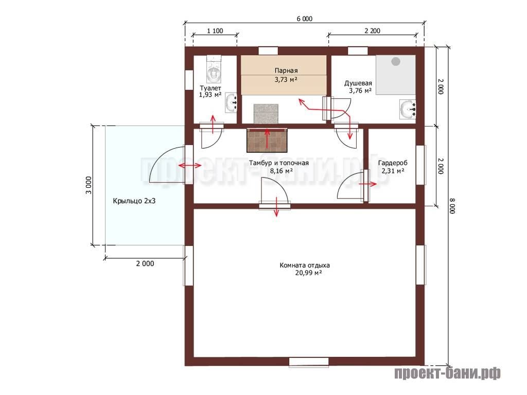 Проект бани 6 на 8 одноэтажный