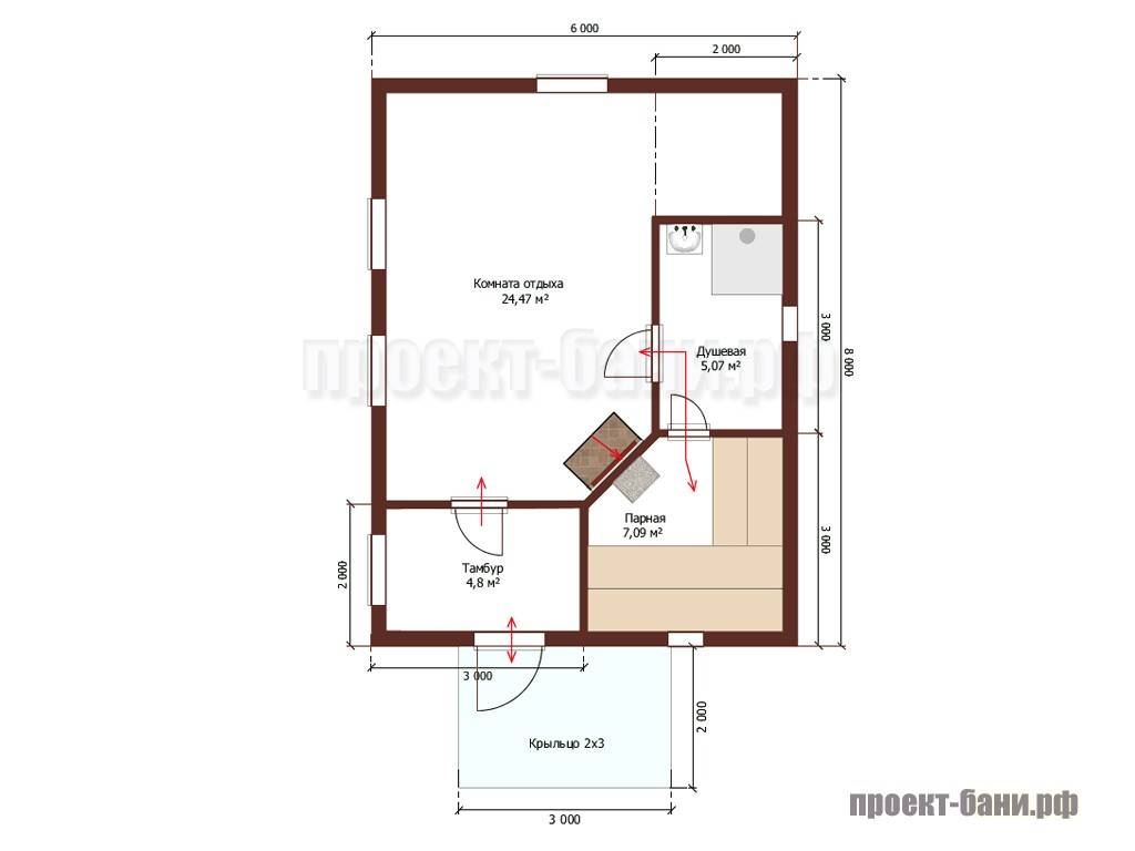 Проект бани 6 на 8 одноэтажный
