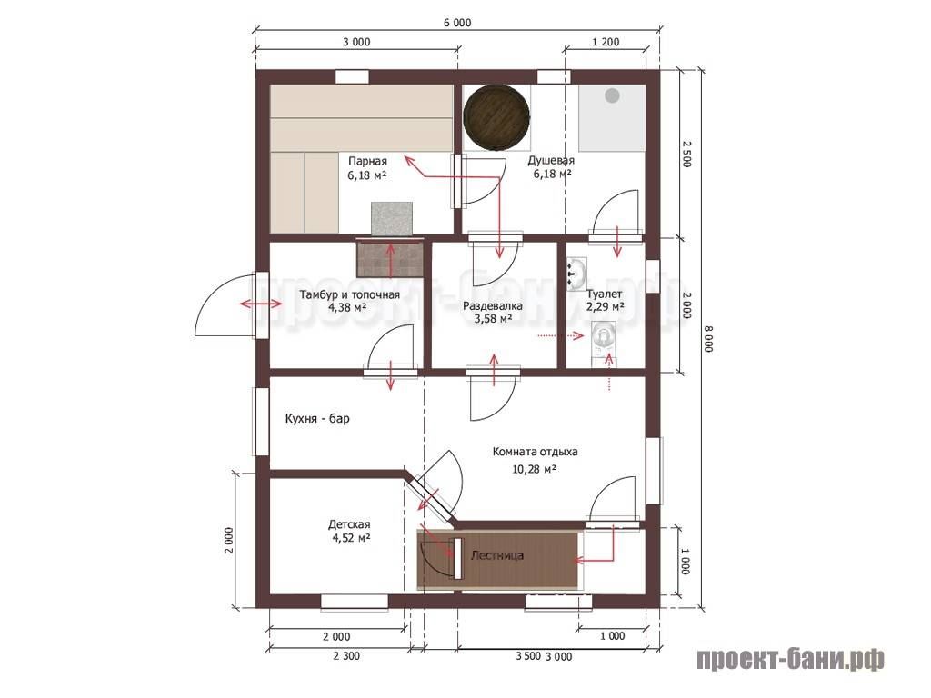 Проект бани 6х8 с мансардой