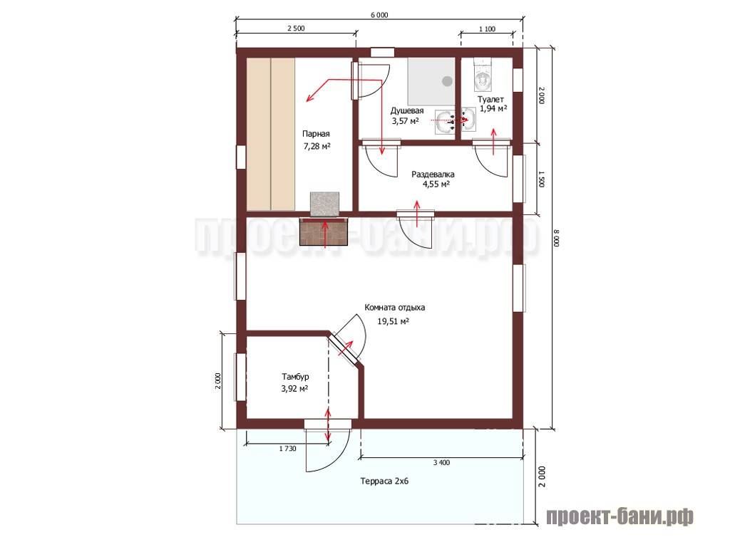 Проект бани 6 на 8 одноэтажный