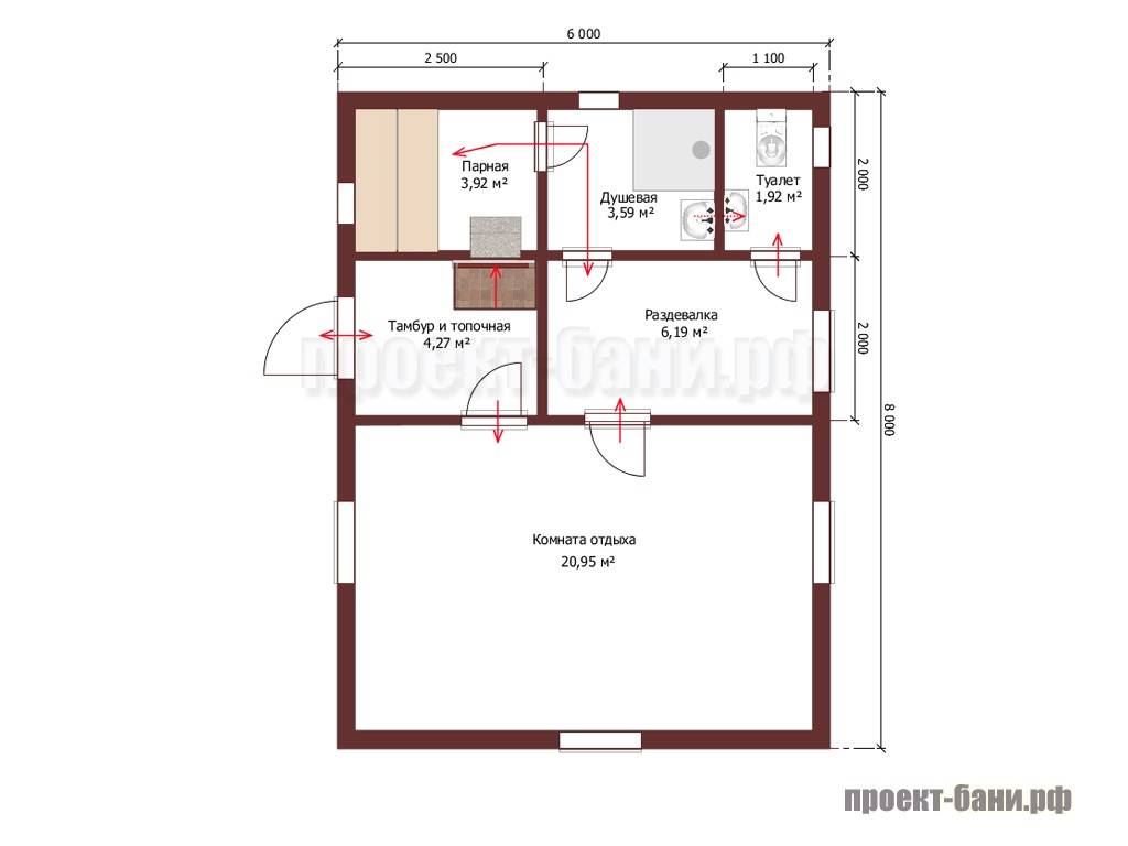 Проект бани 6 на 8 одноэтажный