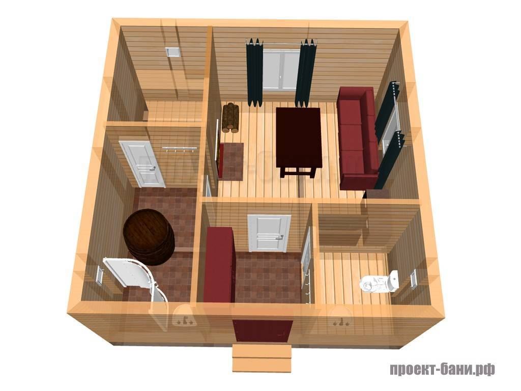 Проект бани 6х6 с комнатой отдыха и туалетом